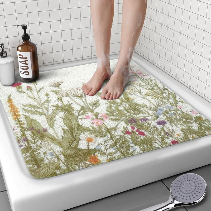 aquoechd Square Shower Mat, 24 x 24 Inch Non Slip Flower Shower Stall Mat, Quick-Dry PVC Loofah Bath Mat for Shower Tub Bathroom - Image 1